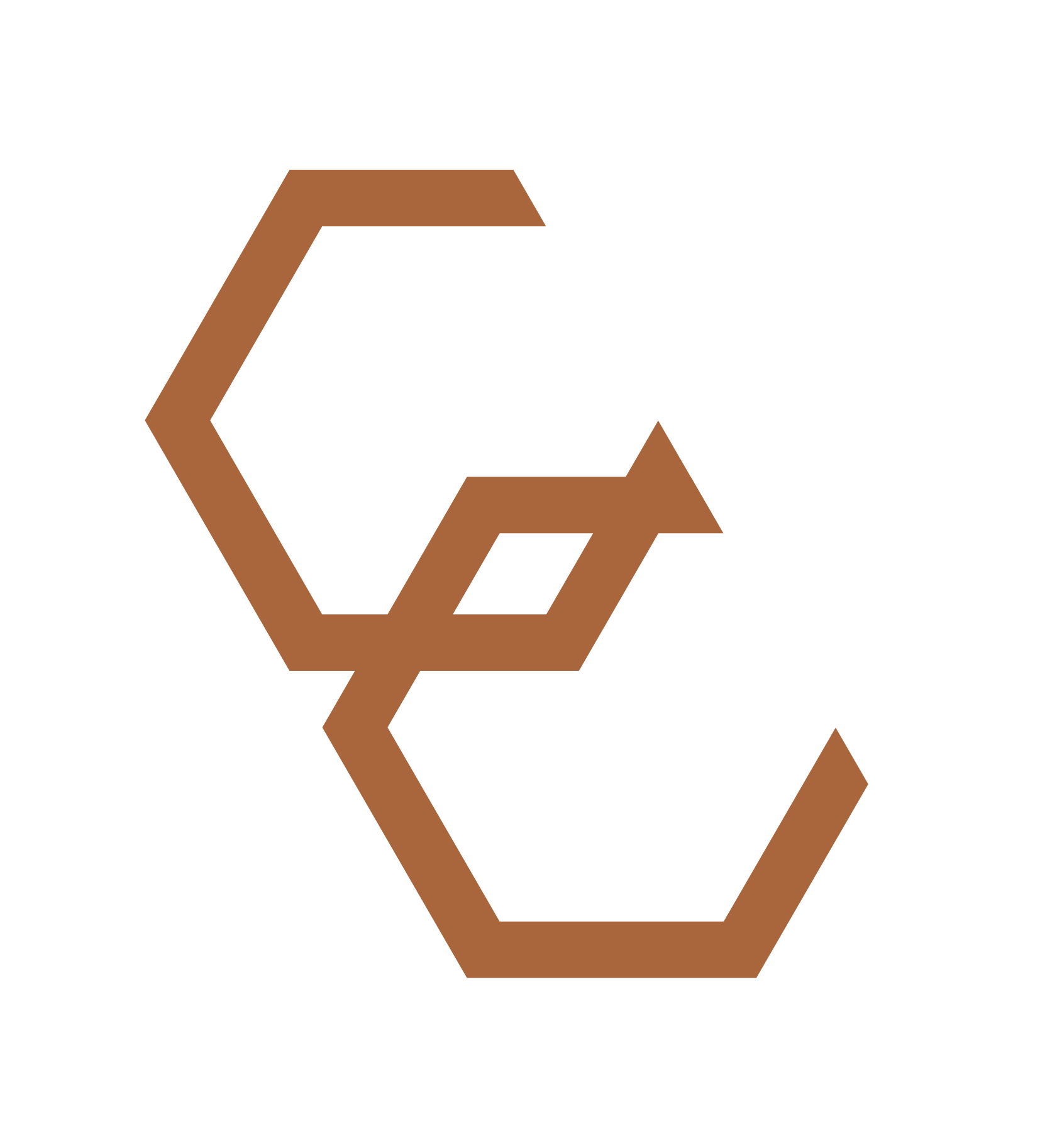 copper and christ, two hexagons forming two intertwined C's. The center contains a diamond with an isosceles triangle. The diamond and triangle create the sign of a fish, similar to an ichthys